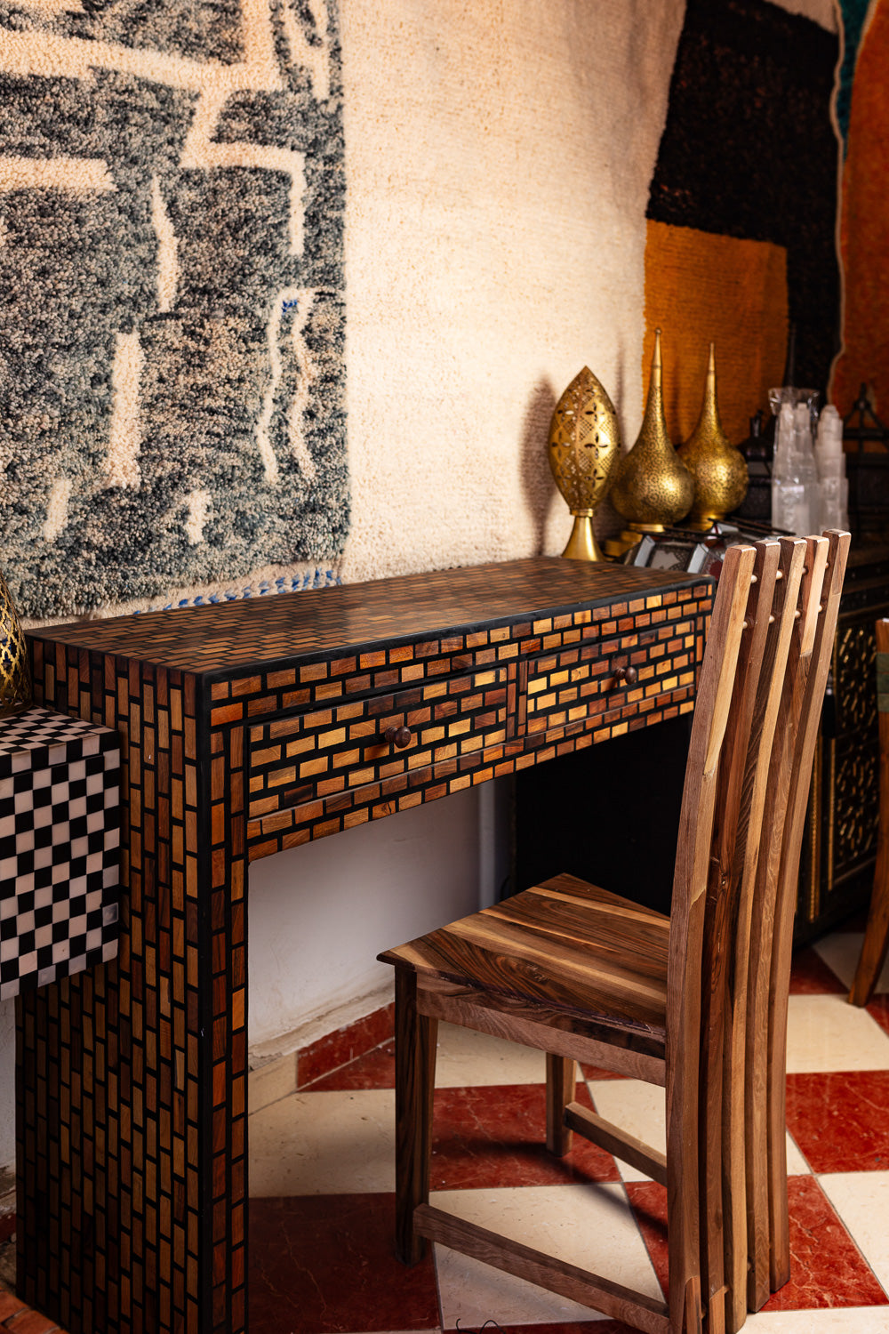 Mosaic Walnut Desk & Slat Chair