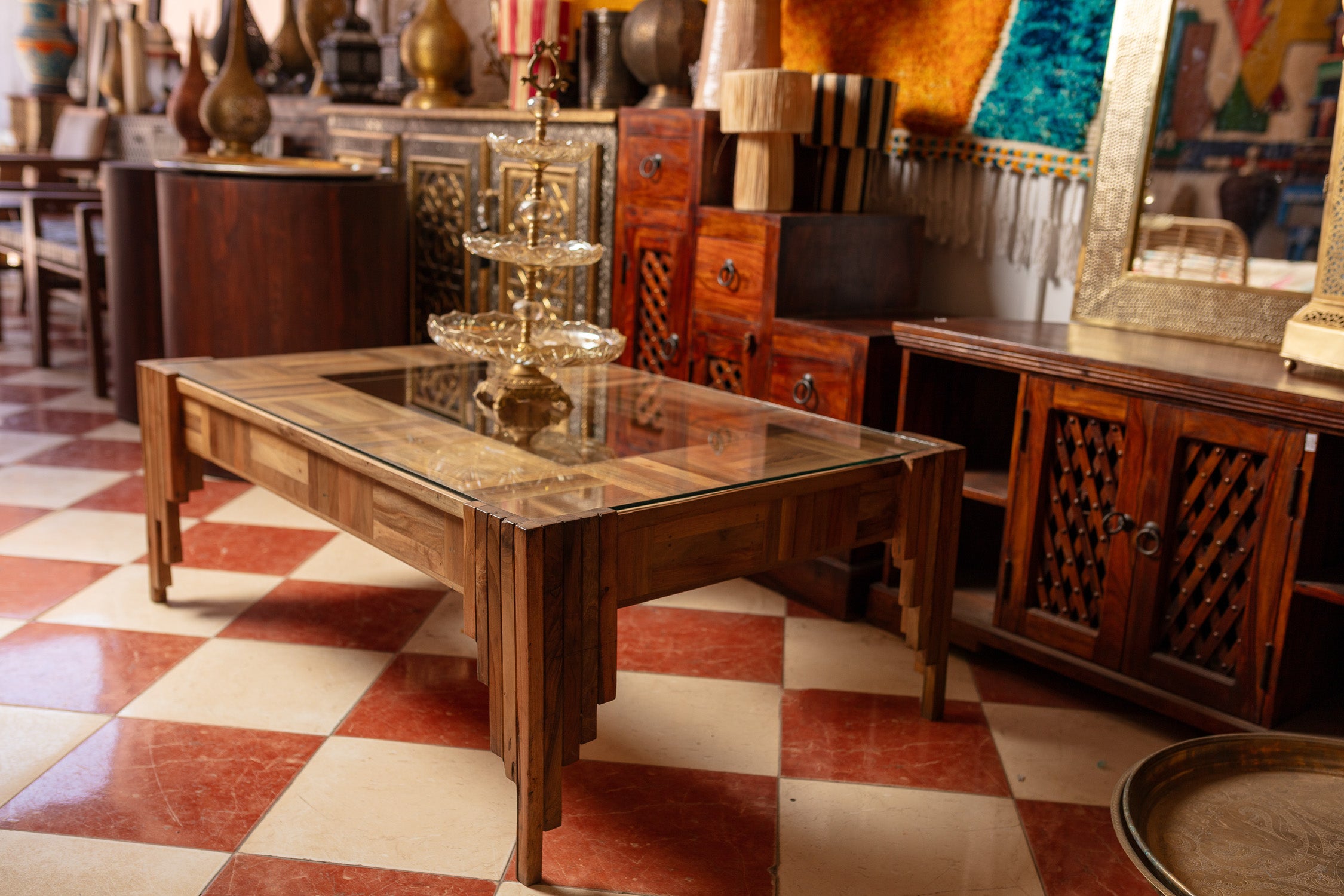 Inlaid Wood Glass Coffee Table