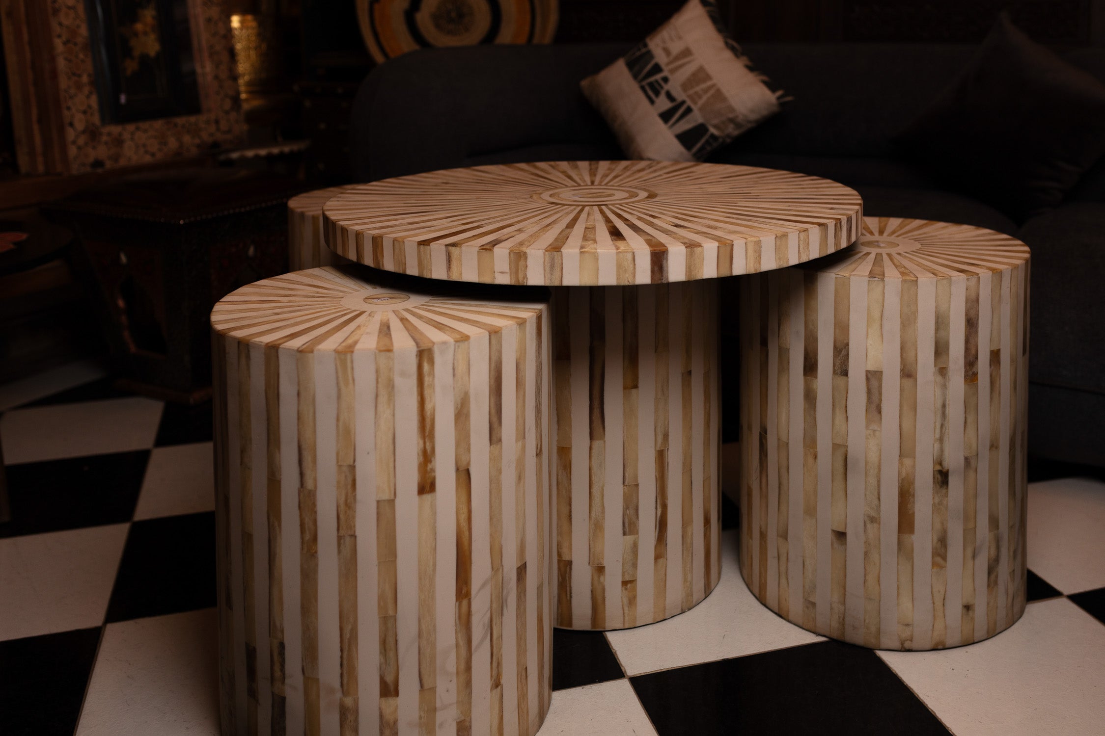 Sunburst Bone Inlay Nesting Tables