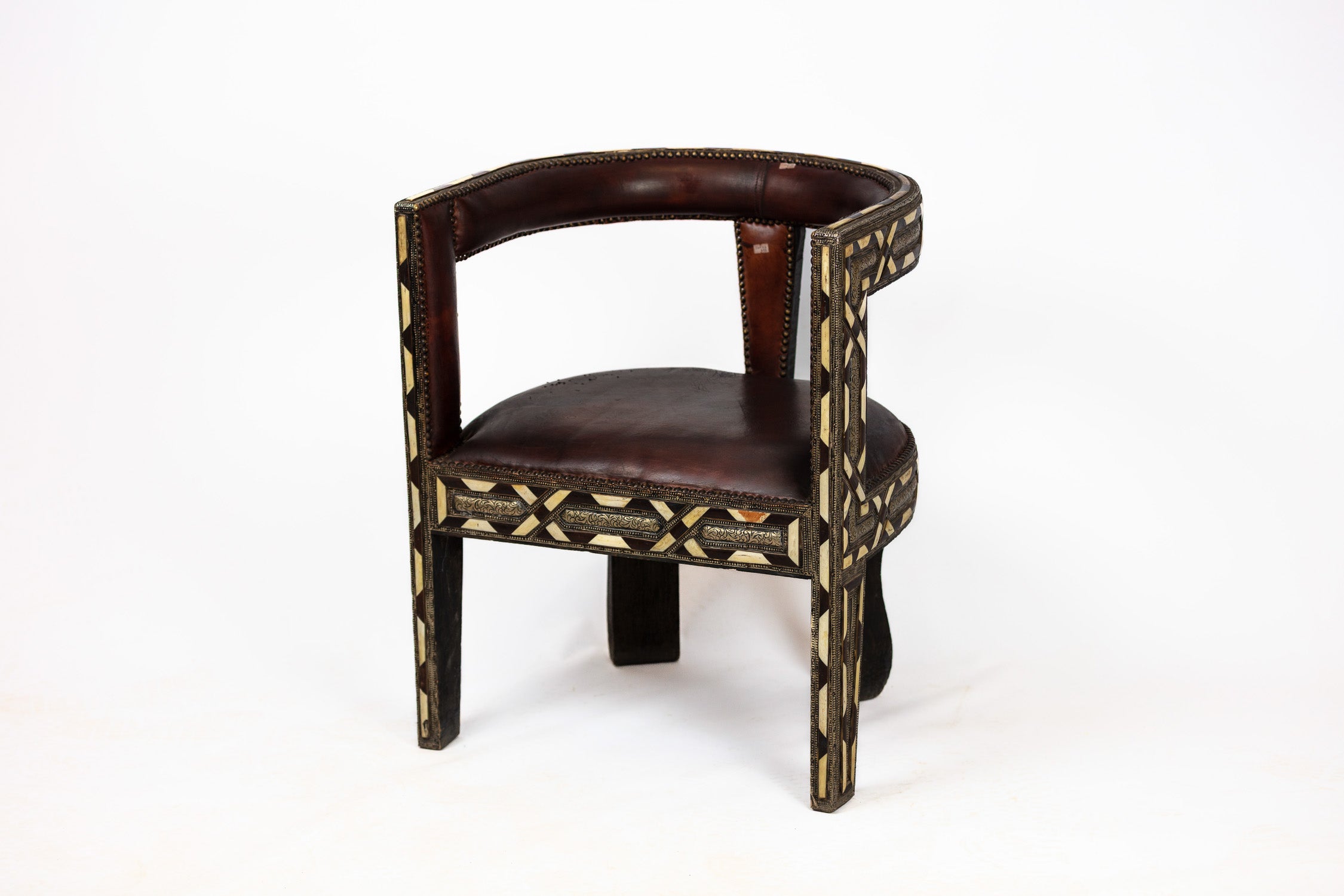 Handcrafted Bone Inlay & Leather Barrel Chair