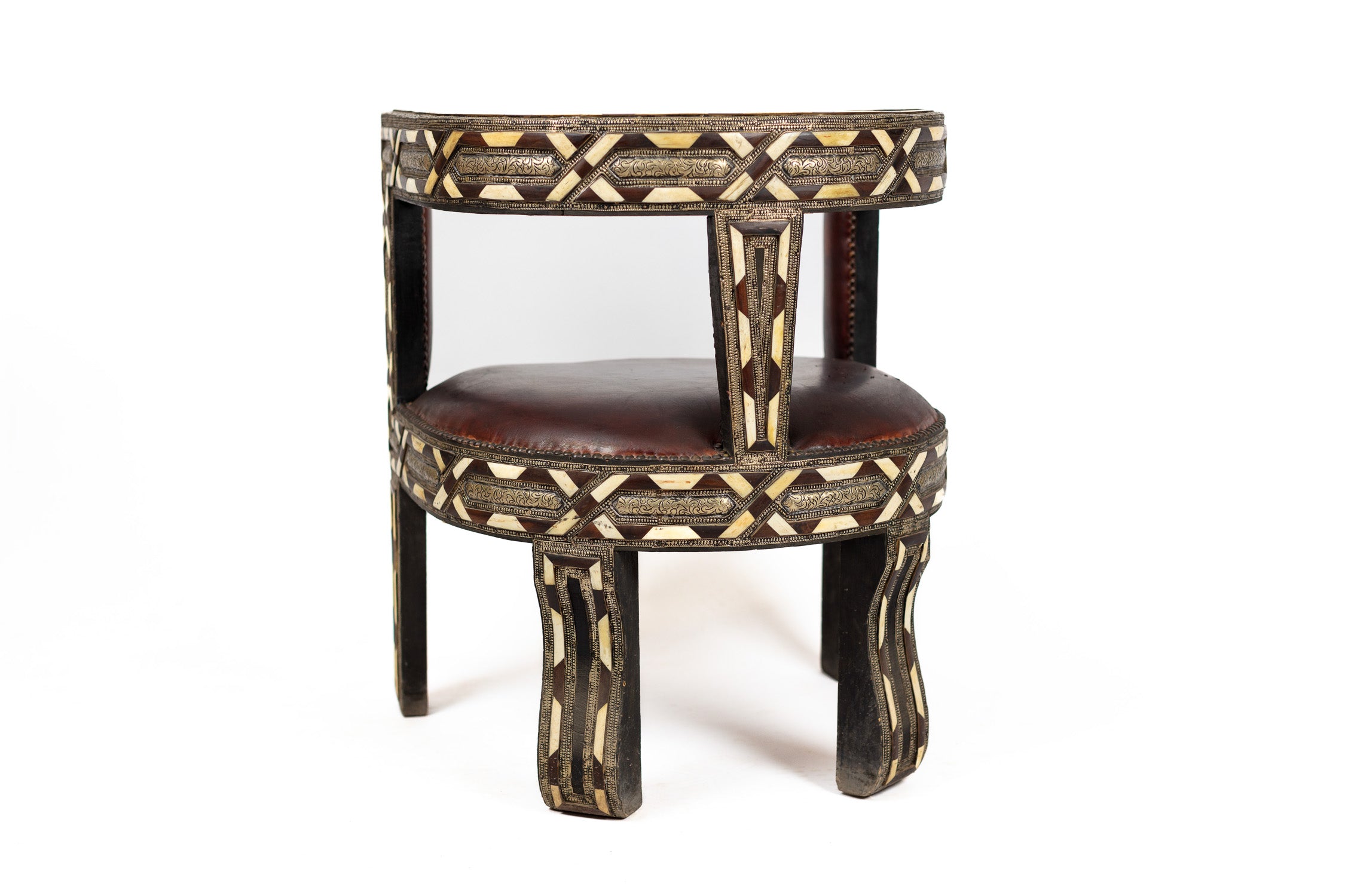 Handcrafted Bone Inlay & Leather Barrel Chair