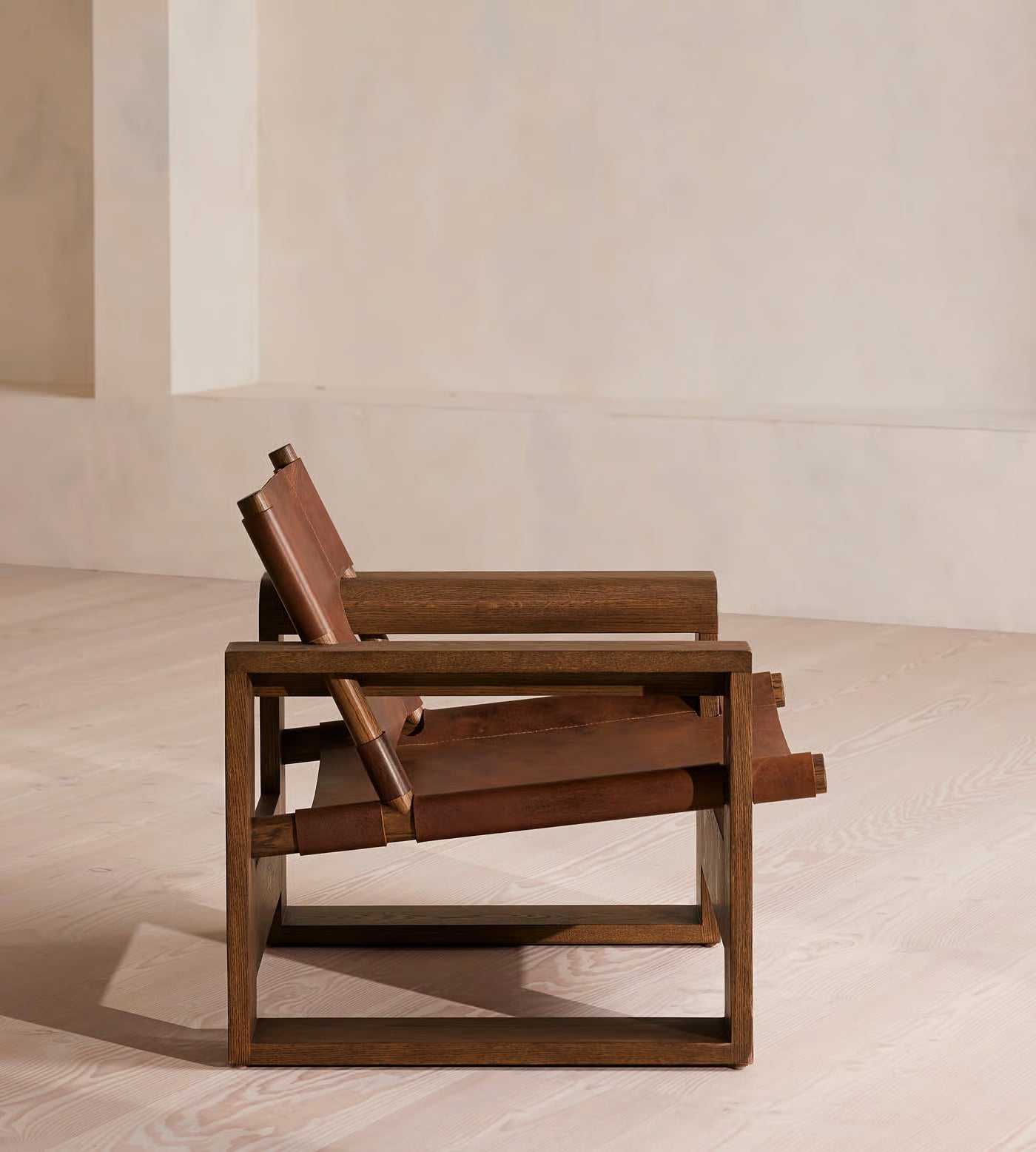 Modern Oak Leather Sling Chair