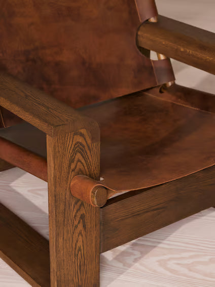 Modern Oak Leather Sling Chair