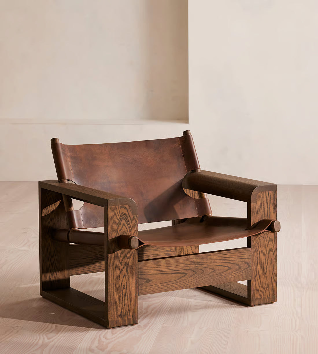 Modern Oak Leather Sling Chair