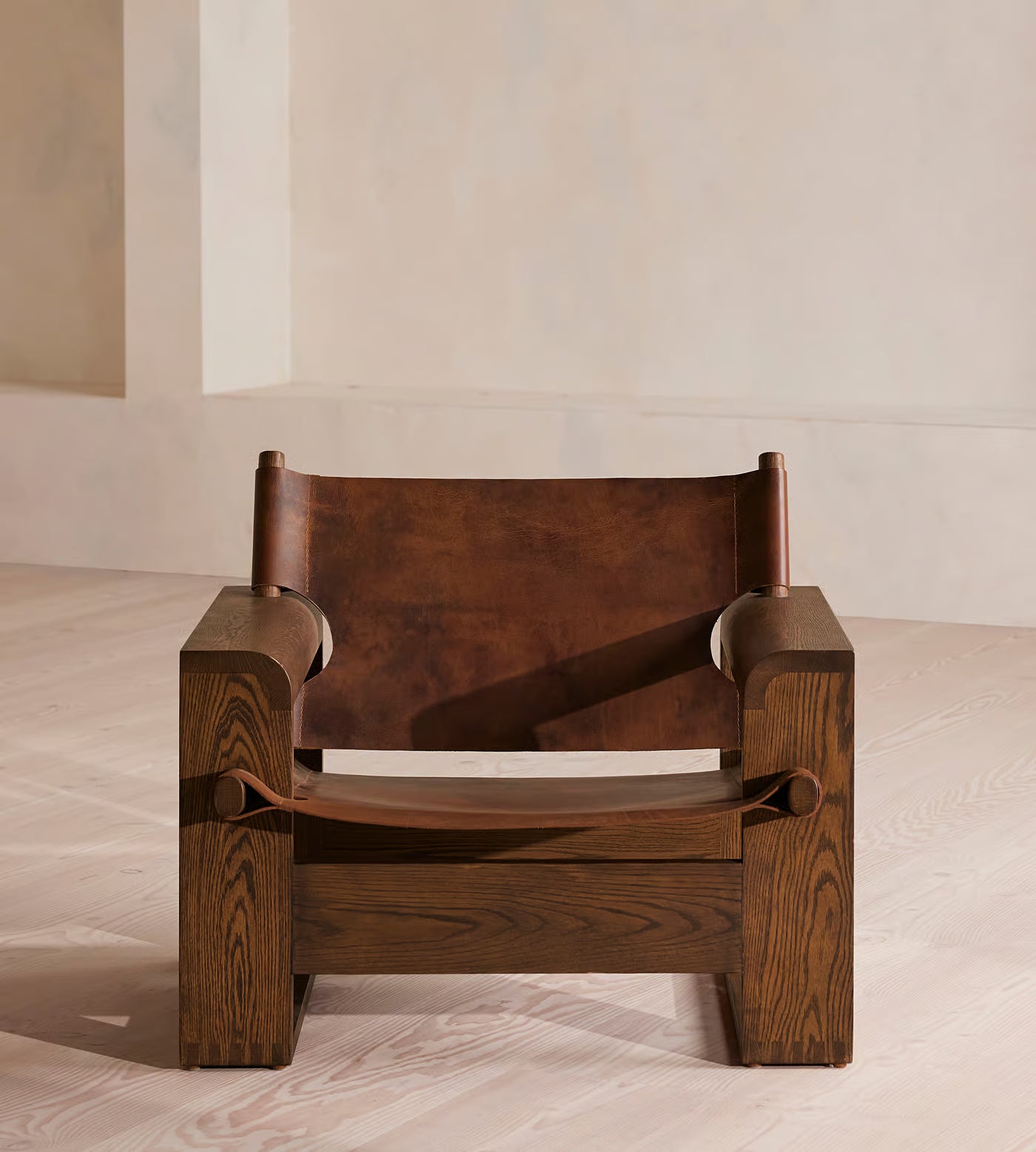Modern Oak Leather Sling Chair