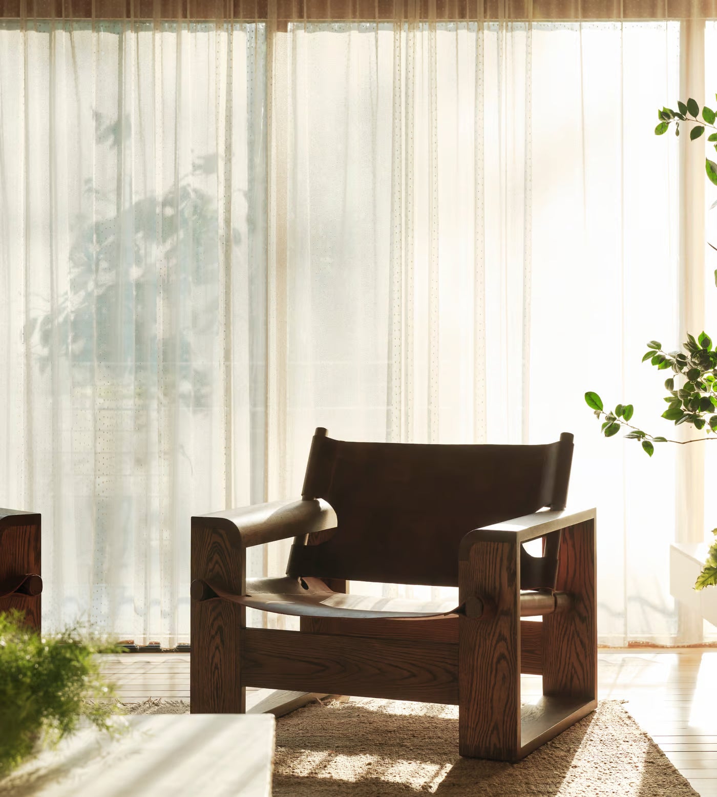 Modern Oak Leather Sling Chair