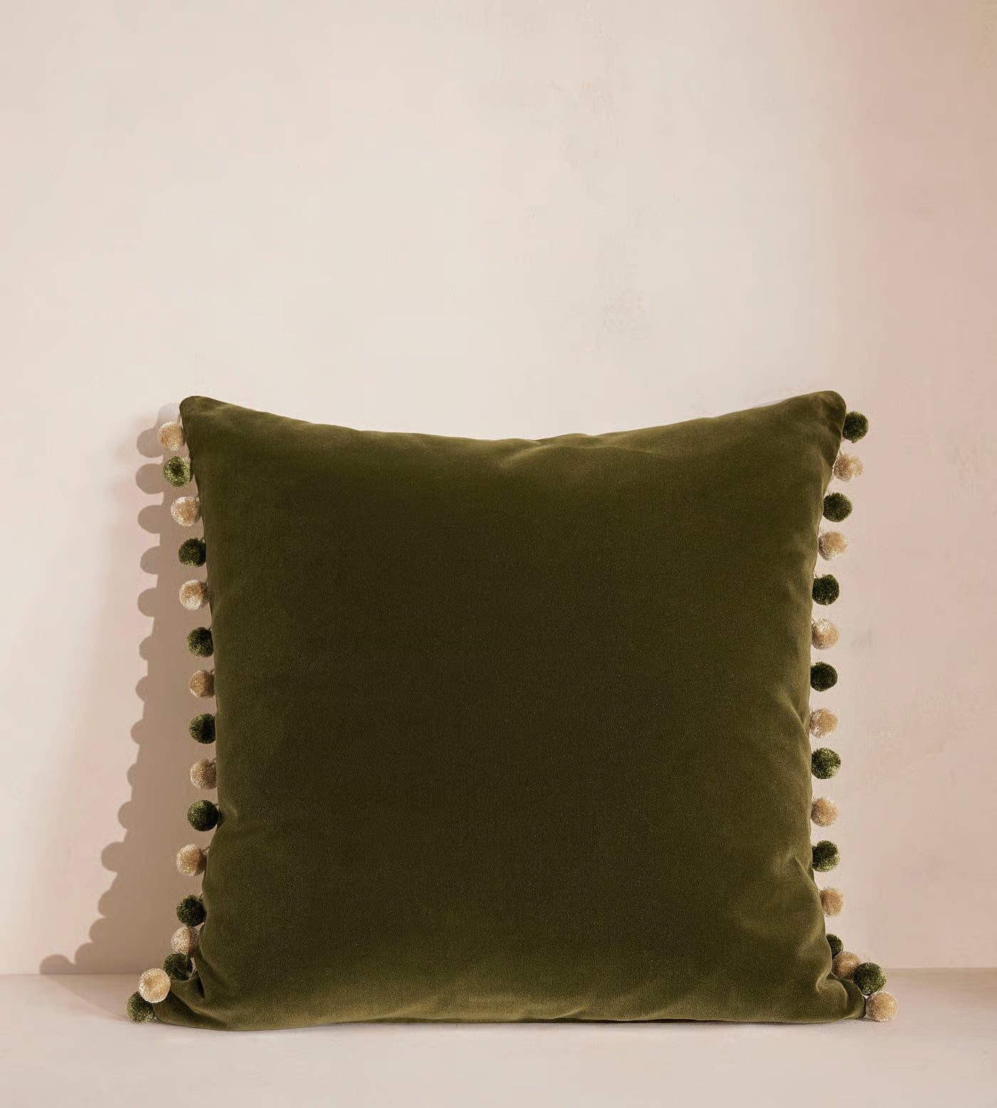 Olive Striped Ikat Pom Pom Cushion