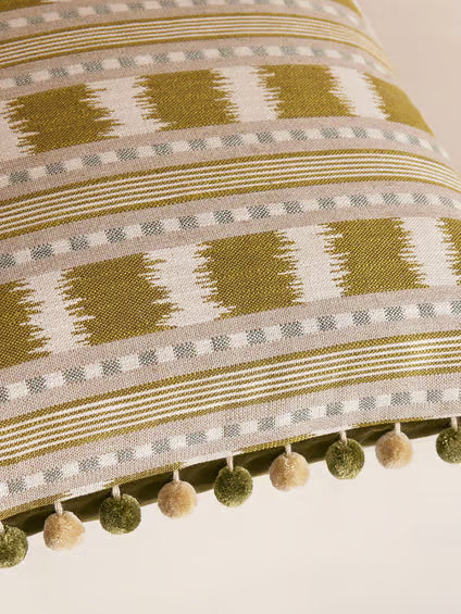 Olive Striped Ikat Pom Pom Cushion