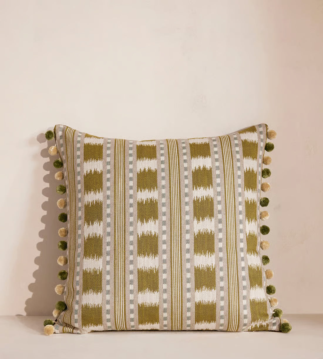 Olive Striped Ikat Pom Pom Cushion