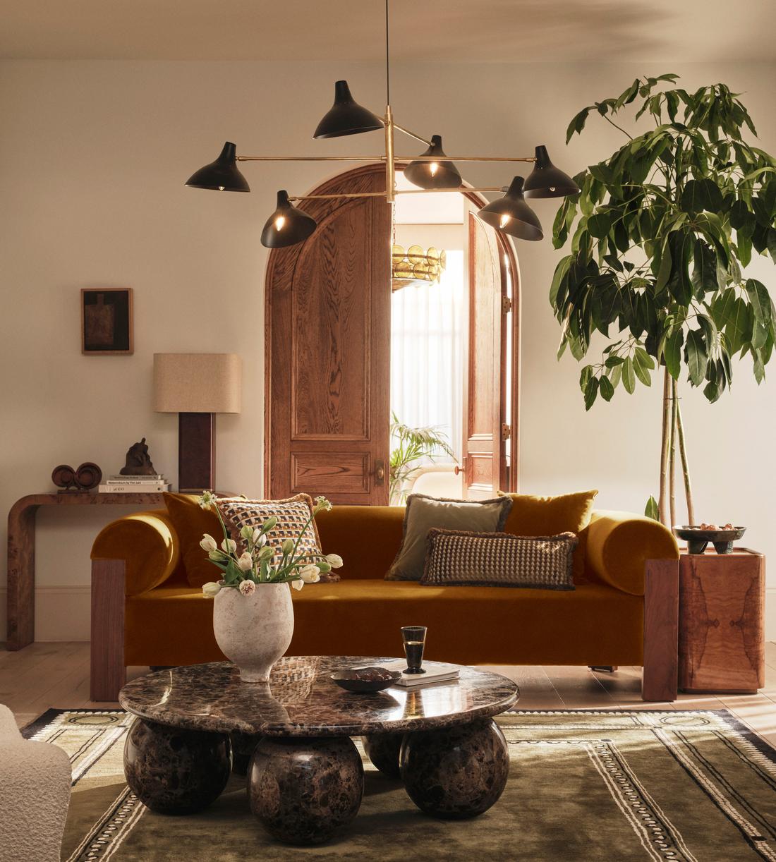 Modern Mustard Velvet Wood Frame Sofa