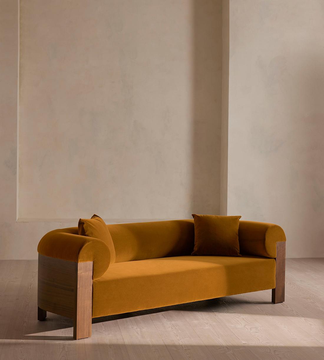 Modern Mustard Velvet Wood Frame Sofa
