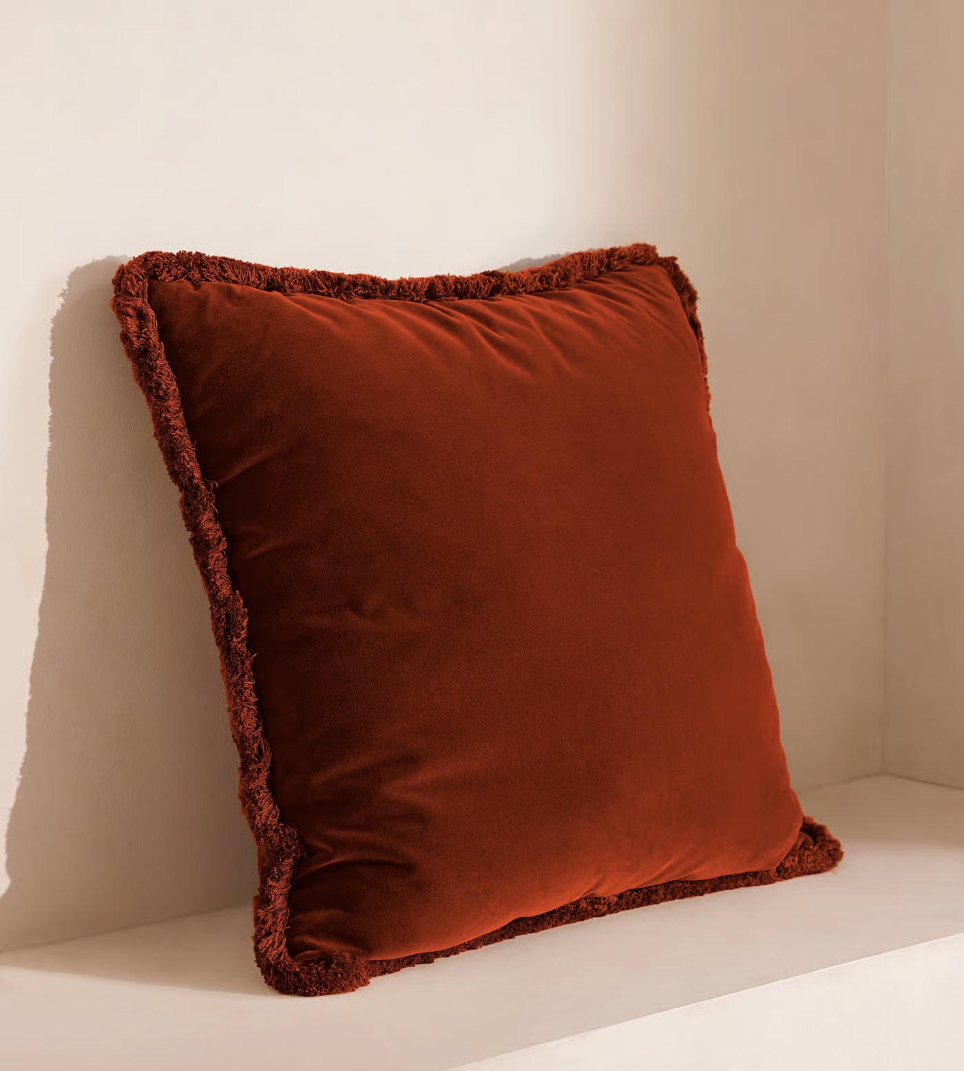 Burnt Orange Velvet Fringed Cushion