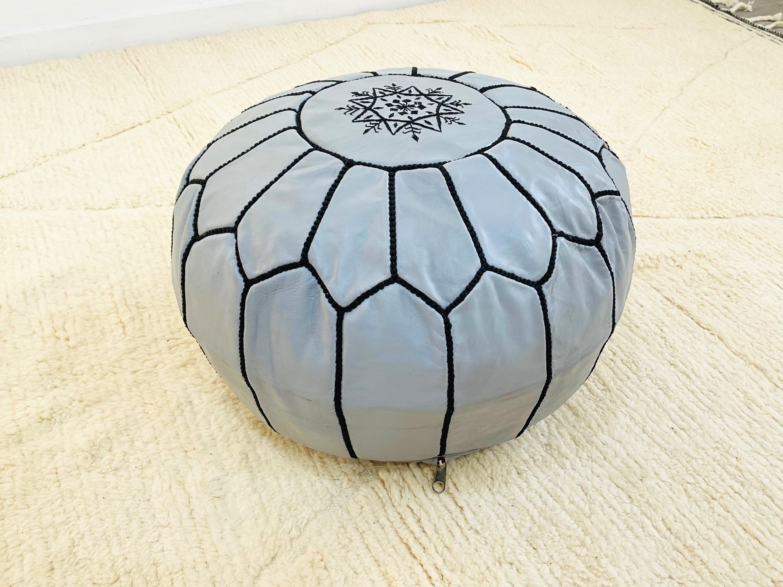 Handcrafted Moroccan Grey Leather Pouf