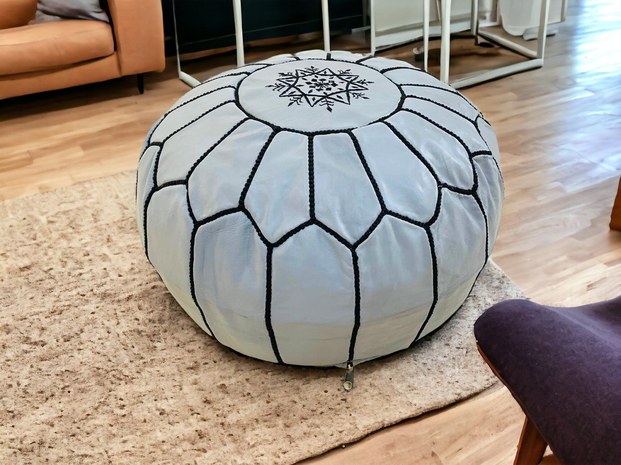 Handcrafted Moroccan Grey Leather Pouf