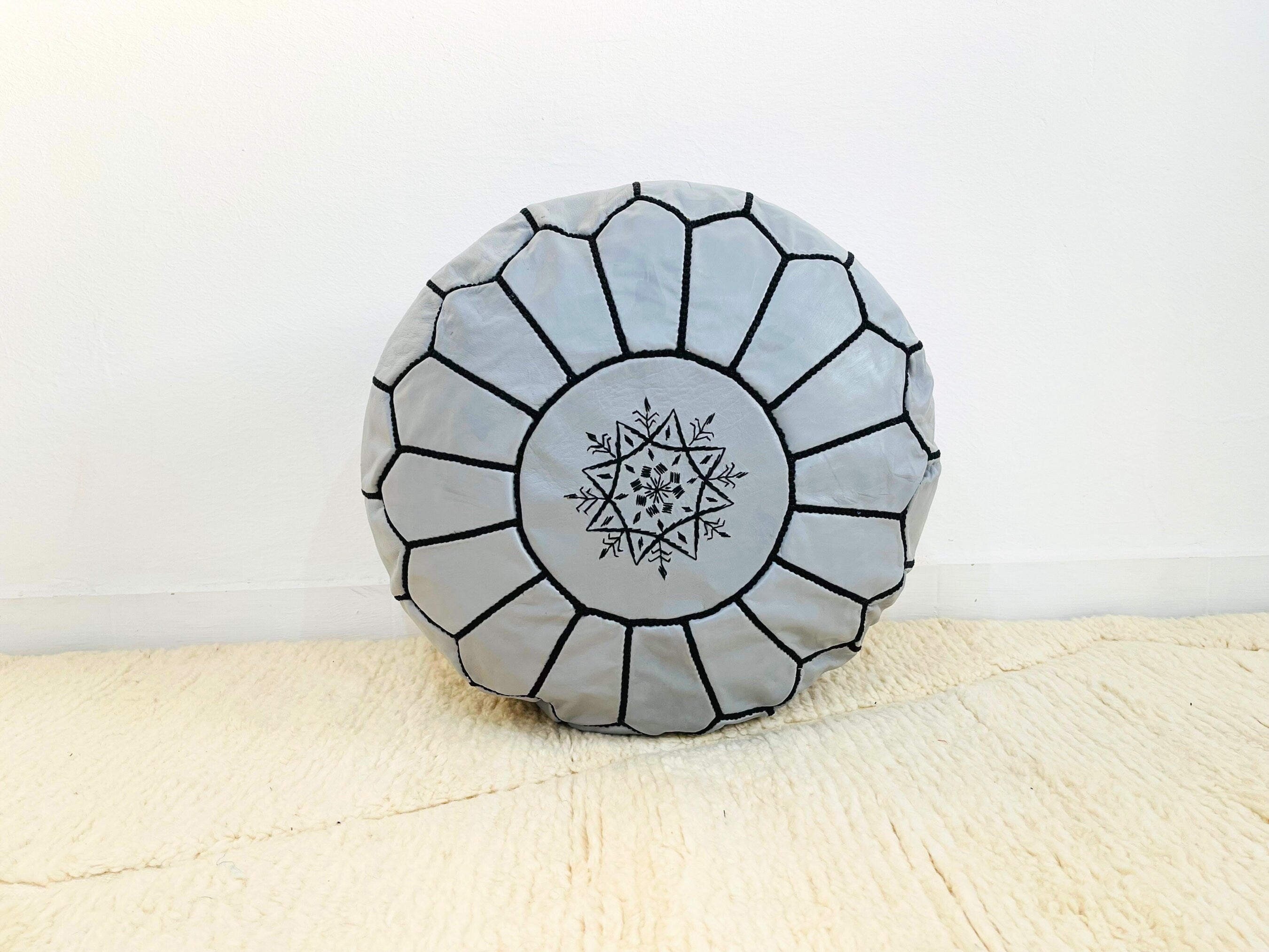 Handcrafted Moroccan Grey Leather Pouf