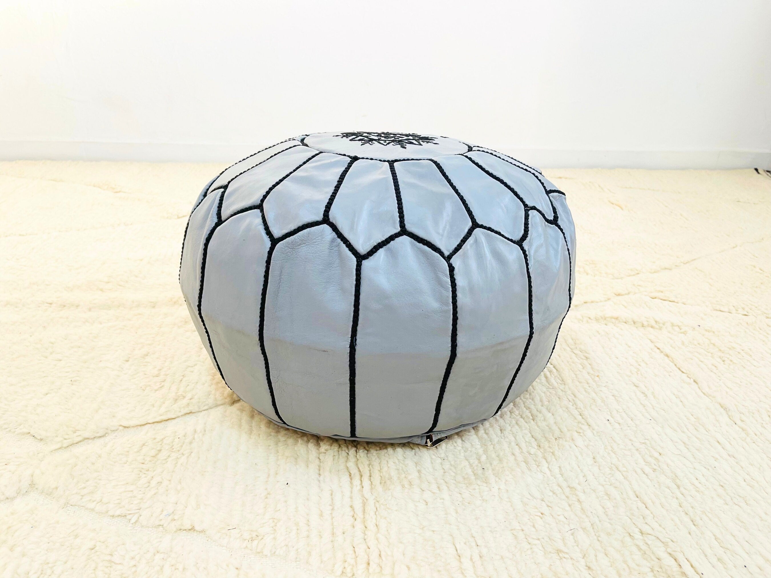 Handcrafted Moroccan Grey Leather Pouf