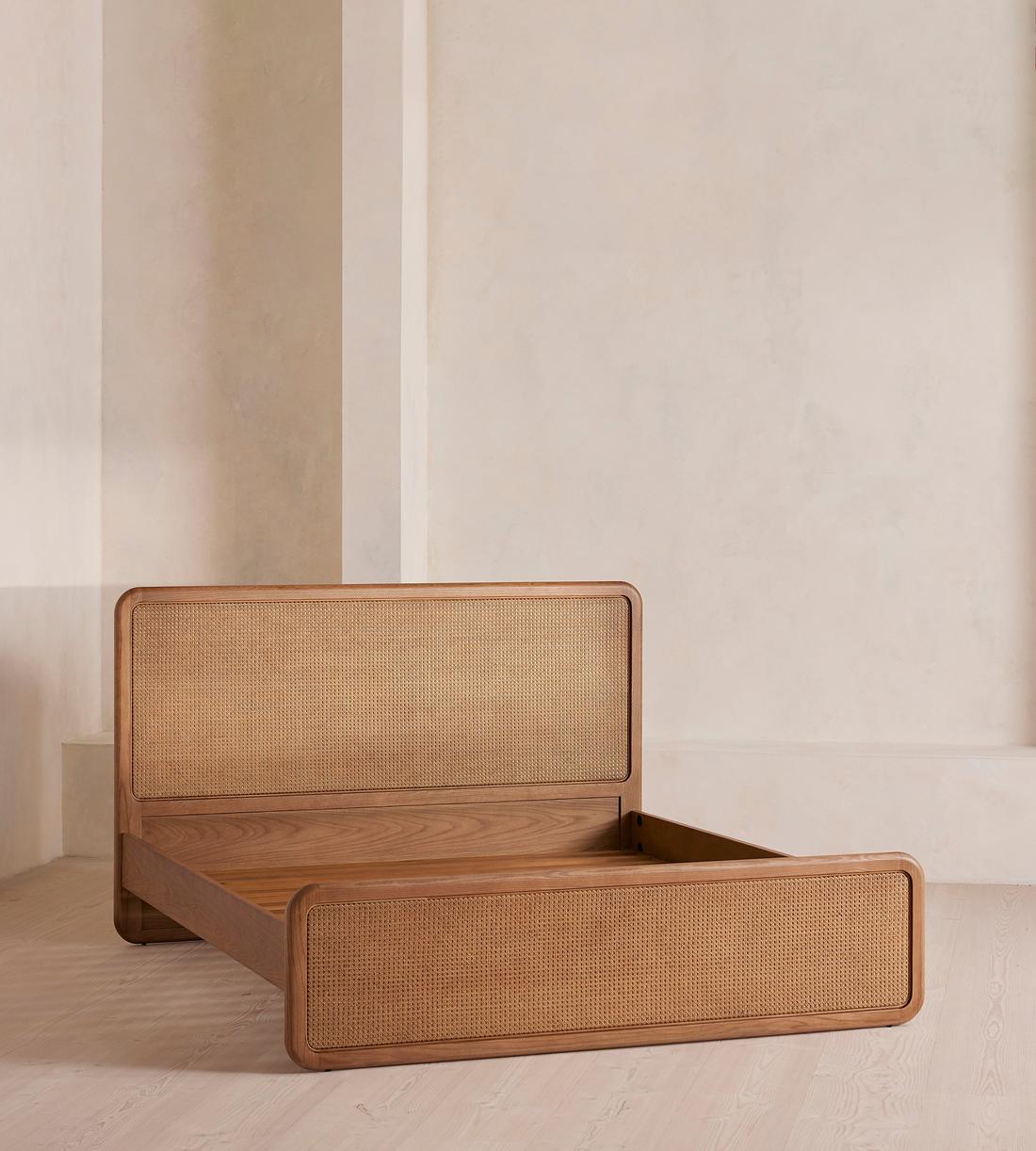 Modern Oak and Woven Cane Bed