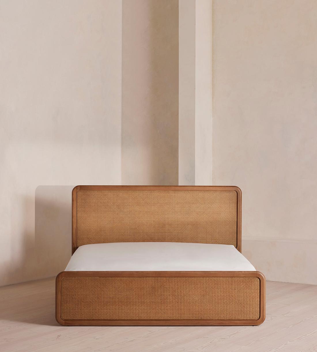 Modern Oak and Woven Cane Bed