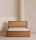 Modern Oak and Woven Cane Bed
