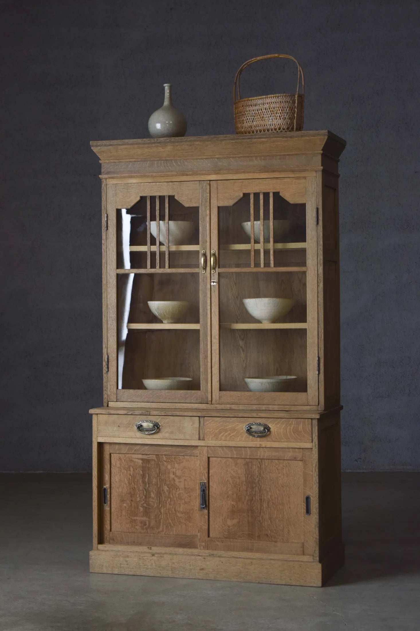 Vintage Japanese Oak Wood Kitchen Hutch