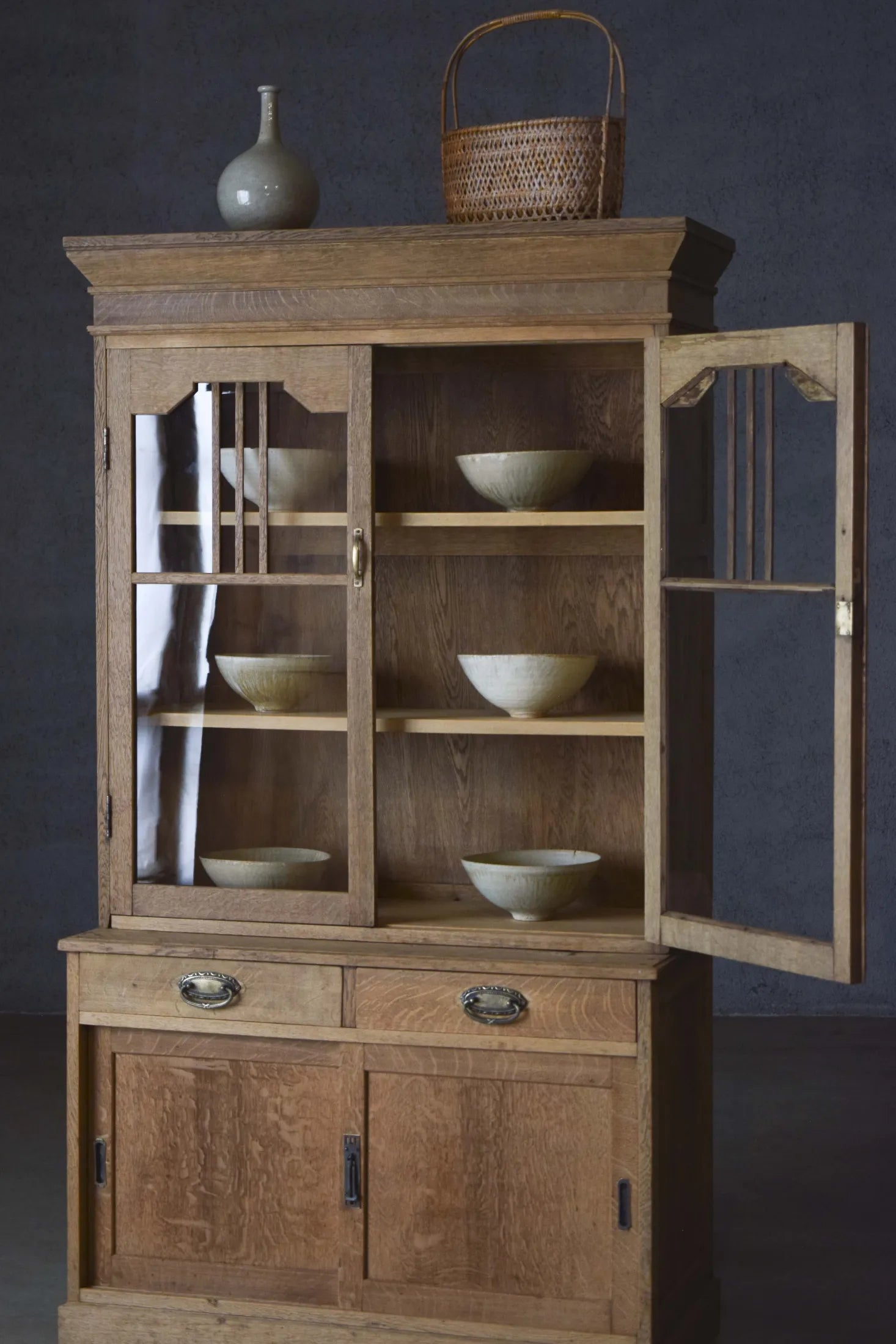 Vintage Japanese Oak Wood Kitchen Hutch