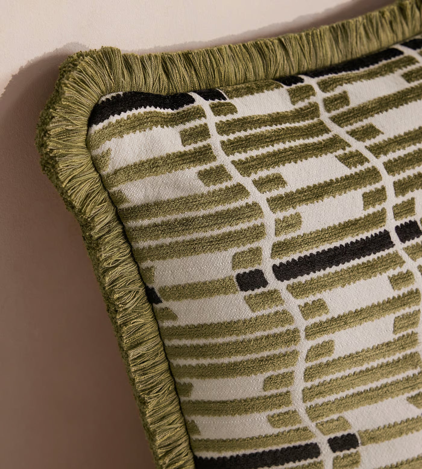Sage Green Linear Patterned Fringe Pillow
