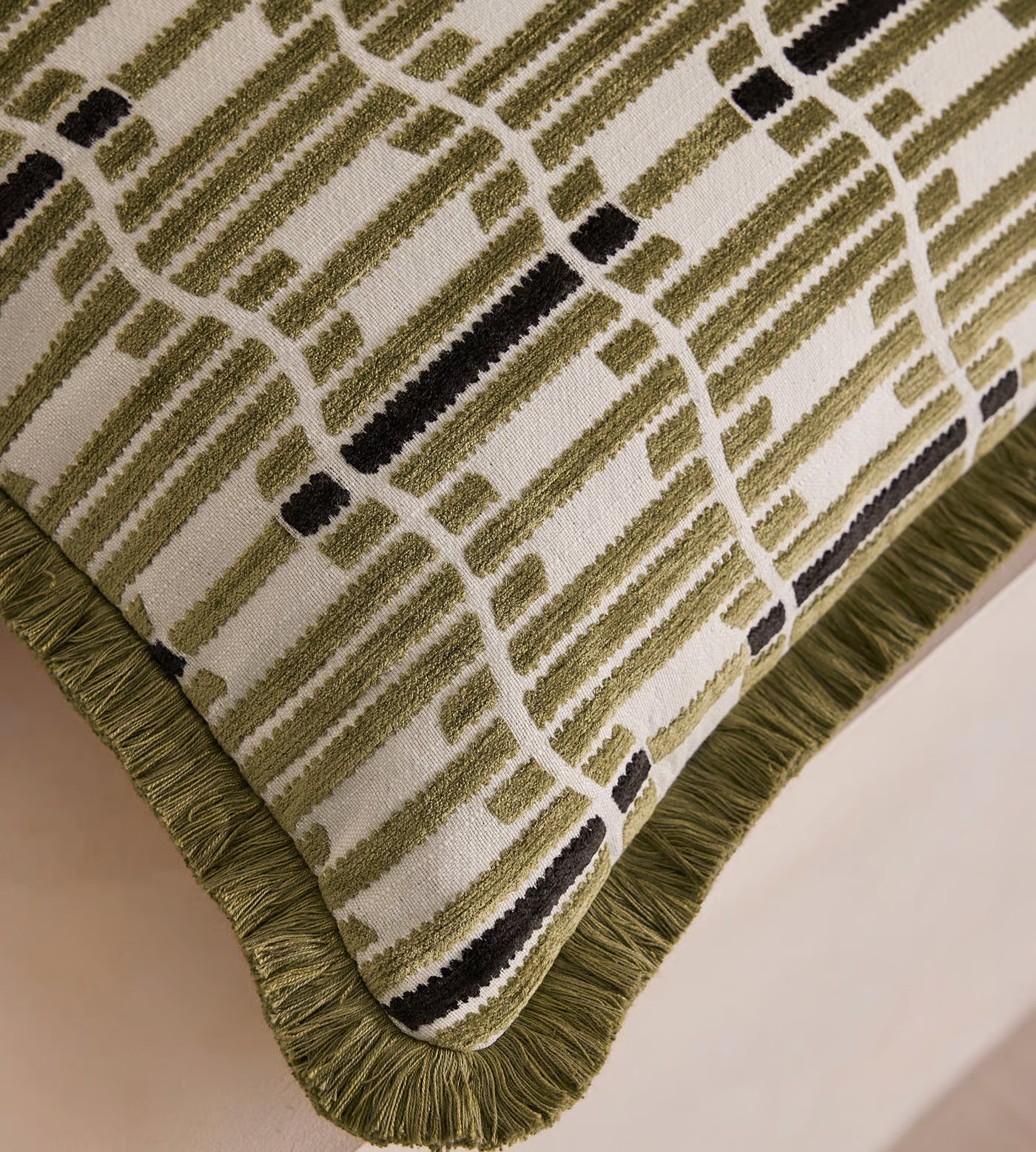 Sage Green Linear Patterned Fringe Pillow