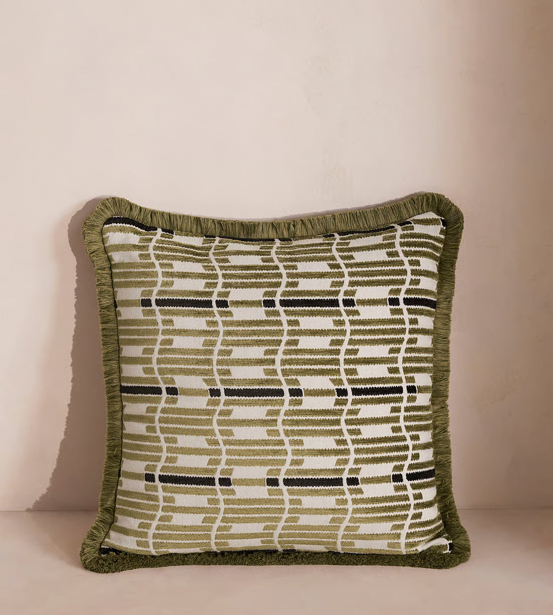 Sage Green Linear Patterned Fringe Pillow