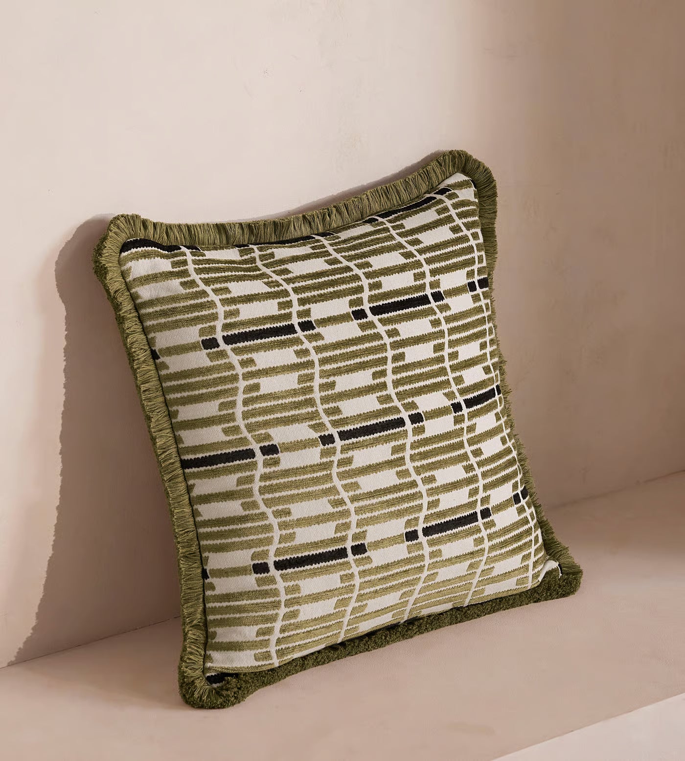 Sage Green Linear Patterned Fringe Pillow