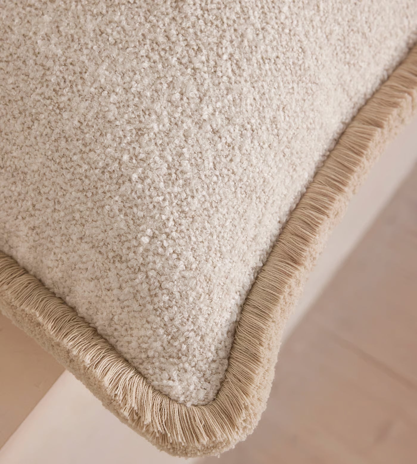 Textured Cream Bouclé Fringed Accent Pillow