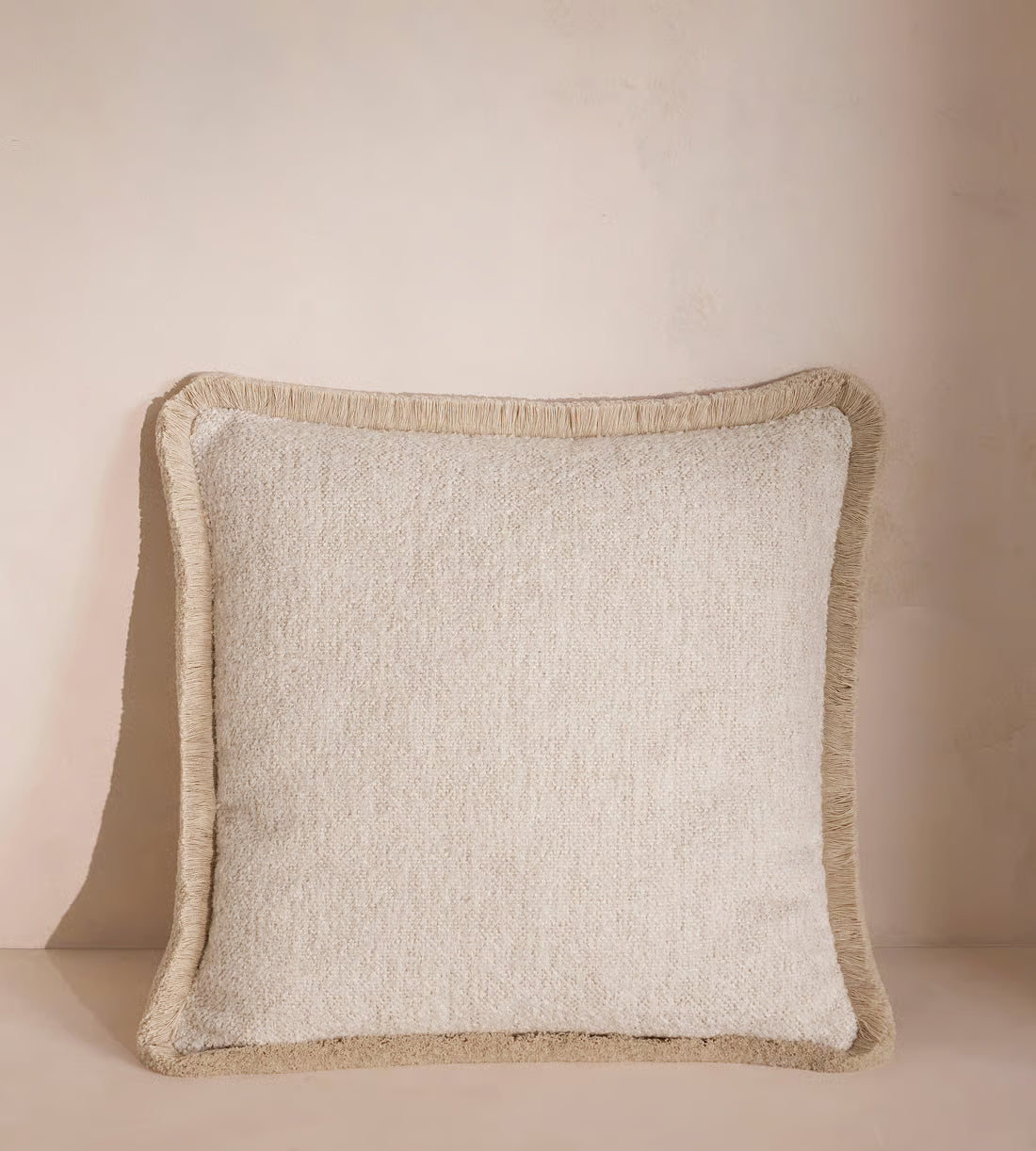 Textured Cream Bouclé Fringed Accent Pillow