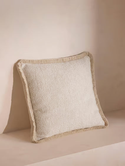 Textured Cream Bouclé Fringed Accent Pillow