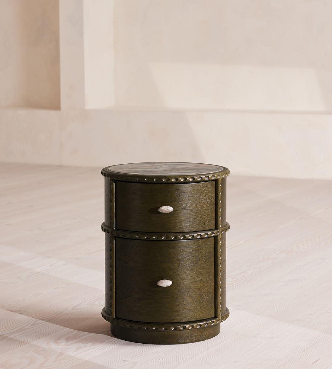 Beaded Emerald Wood and Marble Nightstand
