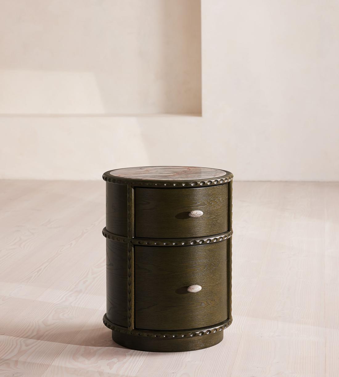 Beaded Emerald Wood and Marble Nightstand