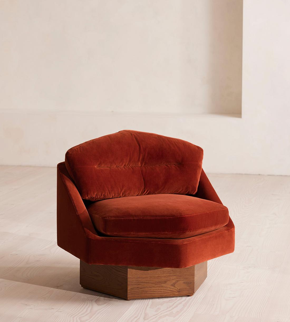 Rust Velvet Hexagonal Swivel Accent Chair