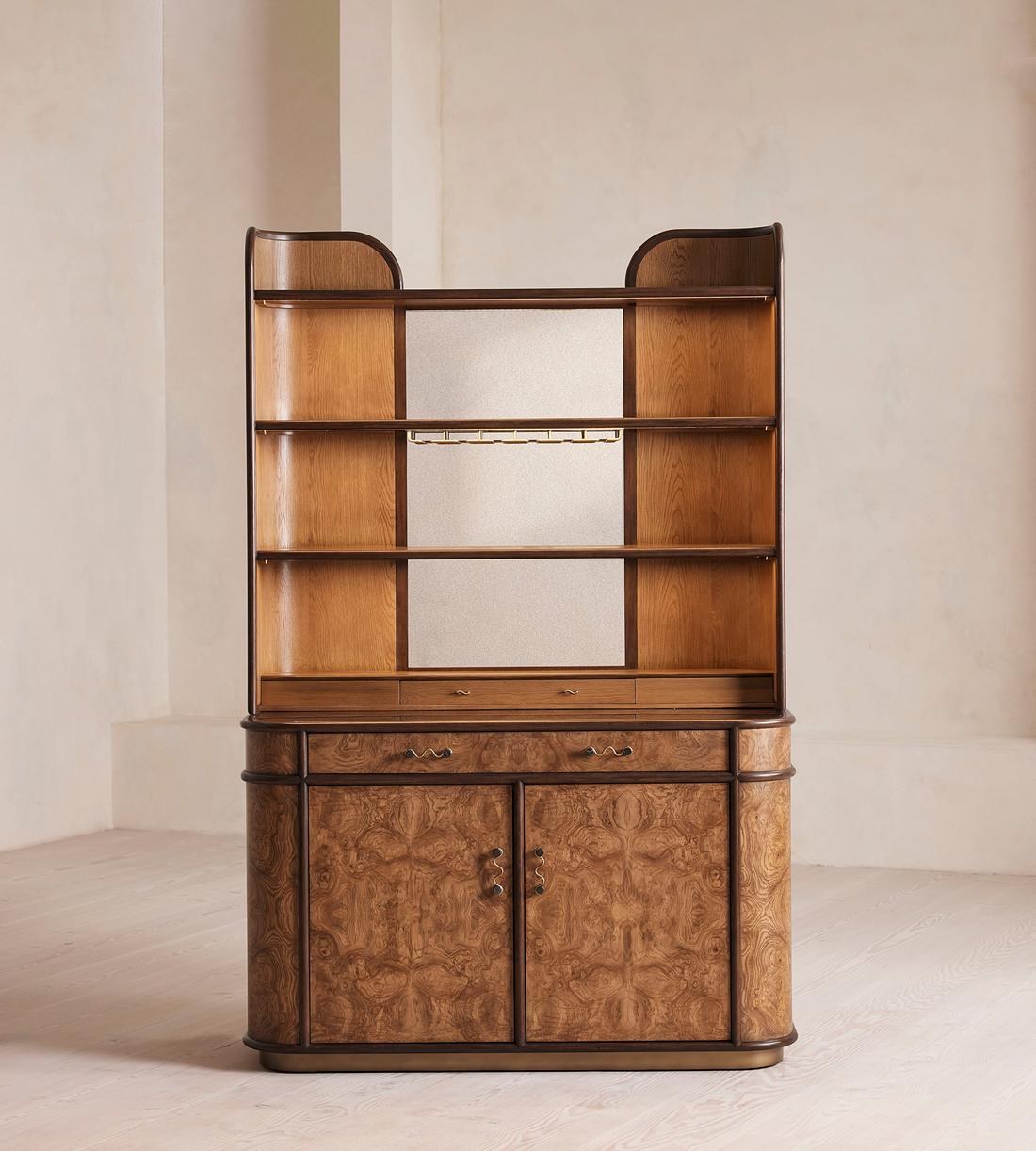 Modern Burl Wood Illuminated Bar Hutch