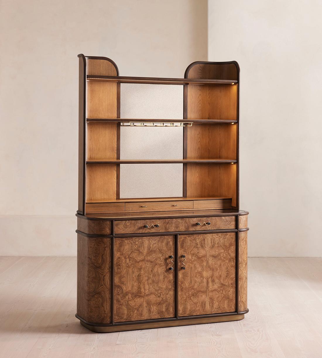 Modern Burl Wood Illuminated Bar Hutch