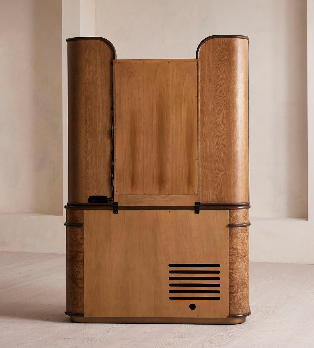Modern Burl Wood Illuminated Bar Hutch