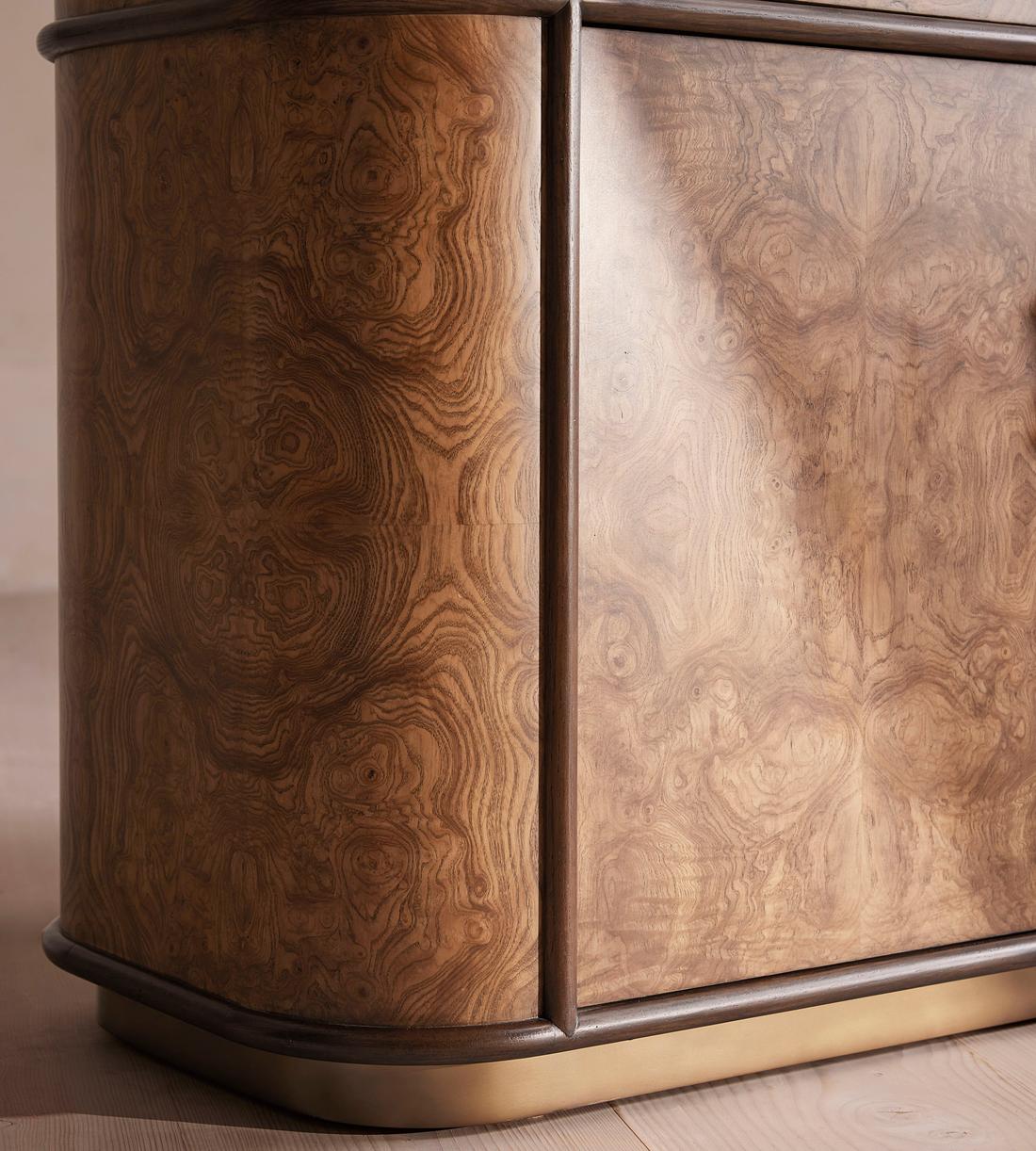 Modern Burl Wood Illuminated Bar Hutch