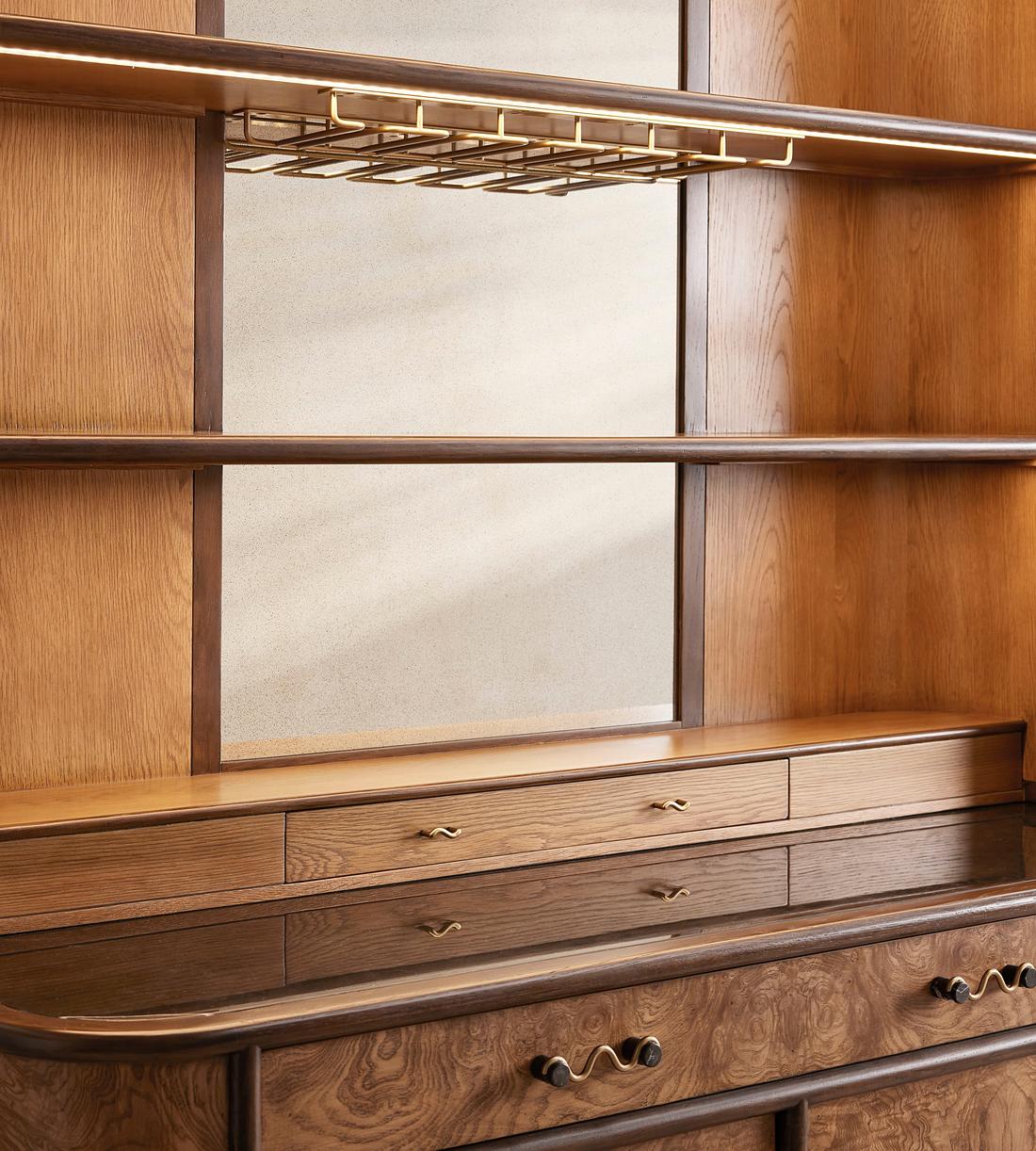 Modern Burl Wood Illuminated Bar Hutch