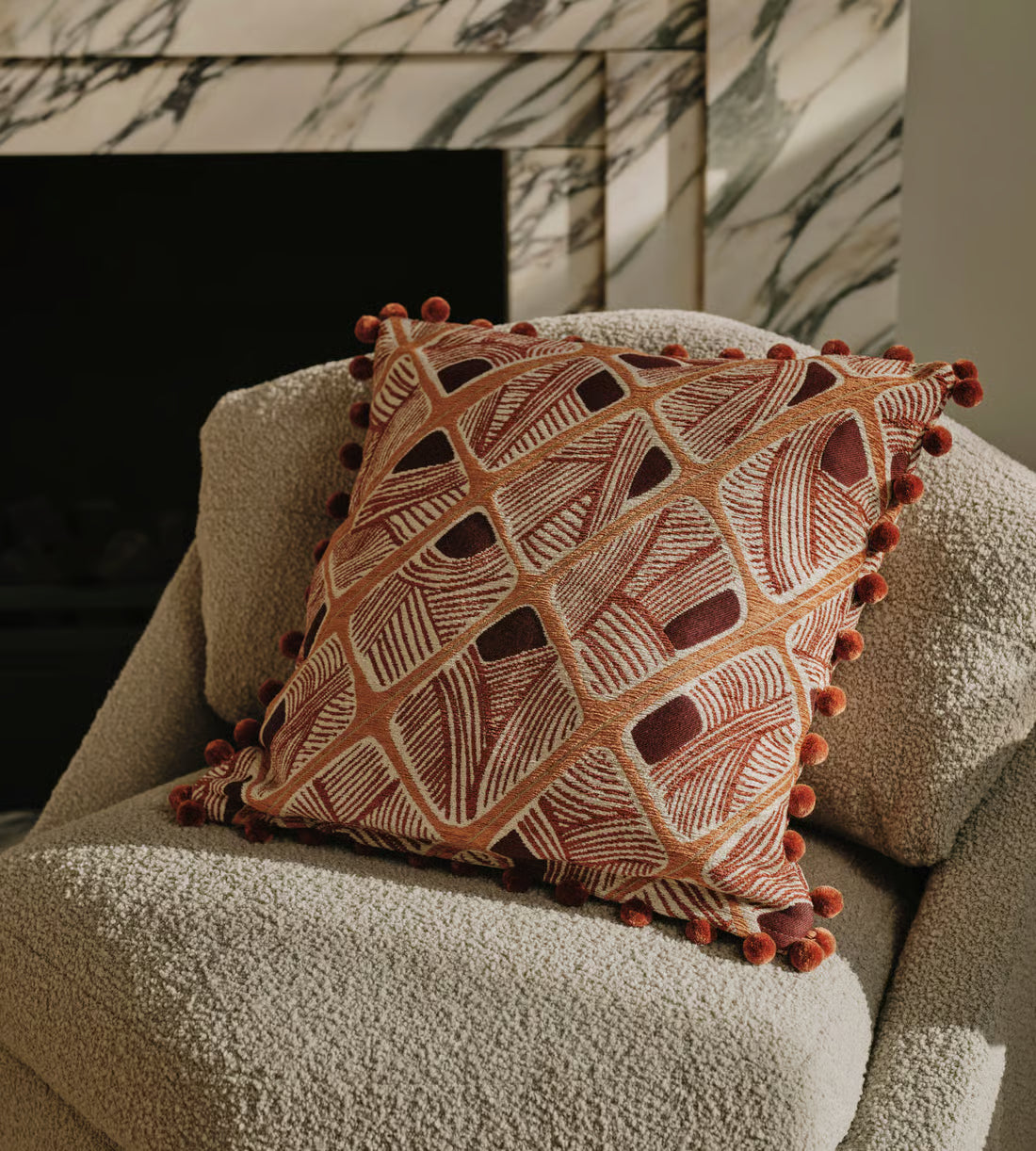 Embroidered Geometric Pom Pom Accent Pillow
