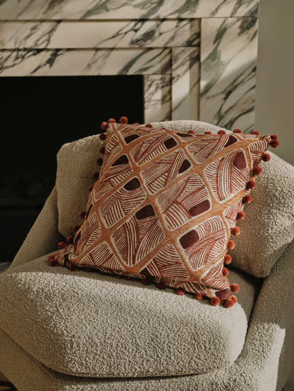 Embroidered Geometric Pom Pom Accent Pillow
