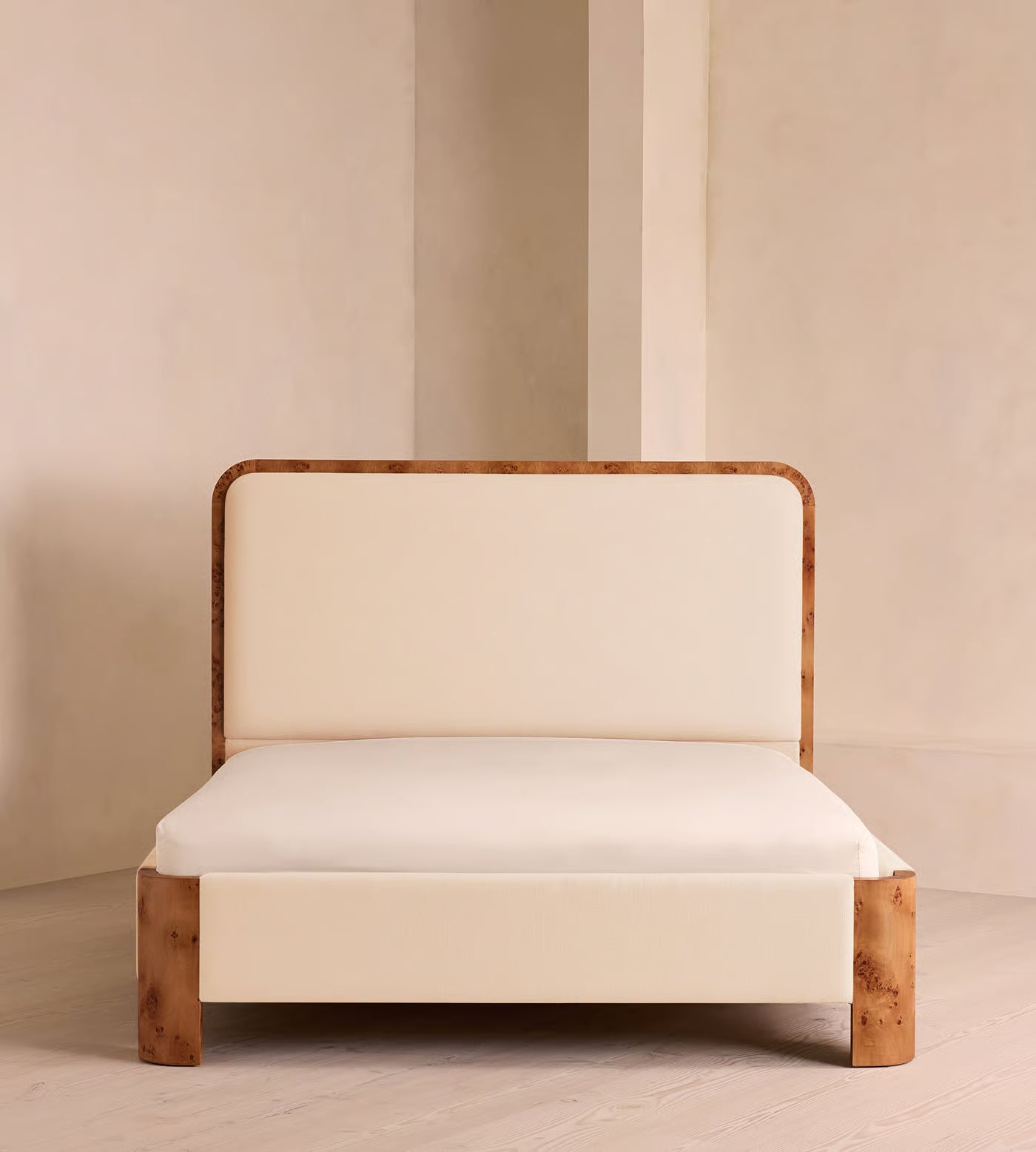 Sculptural Off-White Upholstered Wooden Bed
