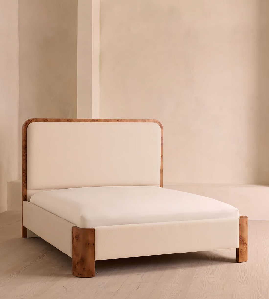 Sculptural Off-White Upholstered Wooden Bed