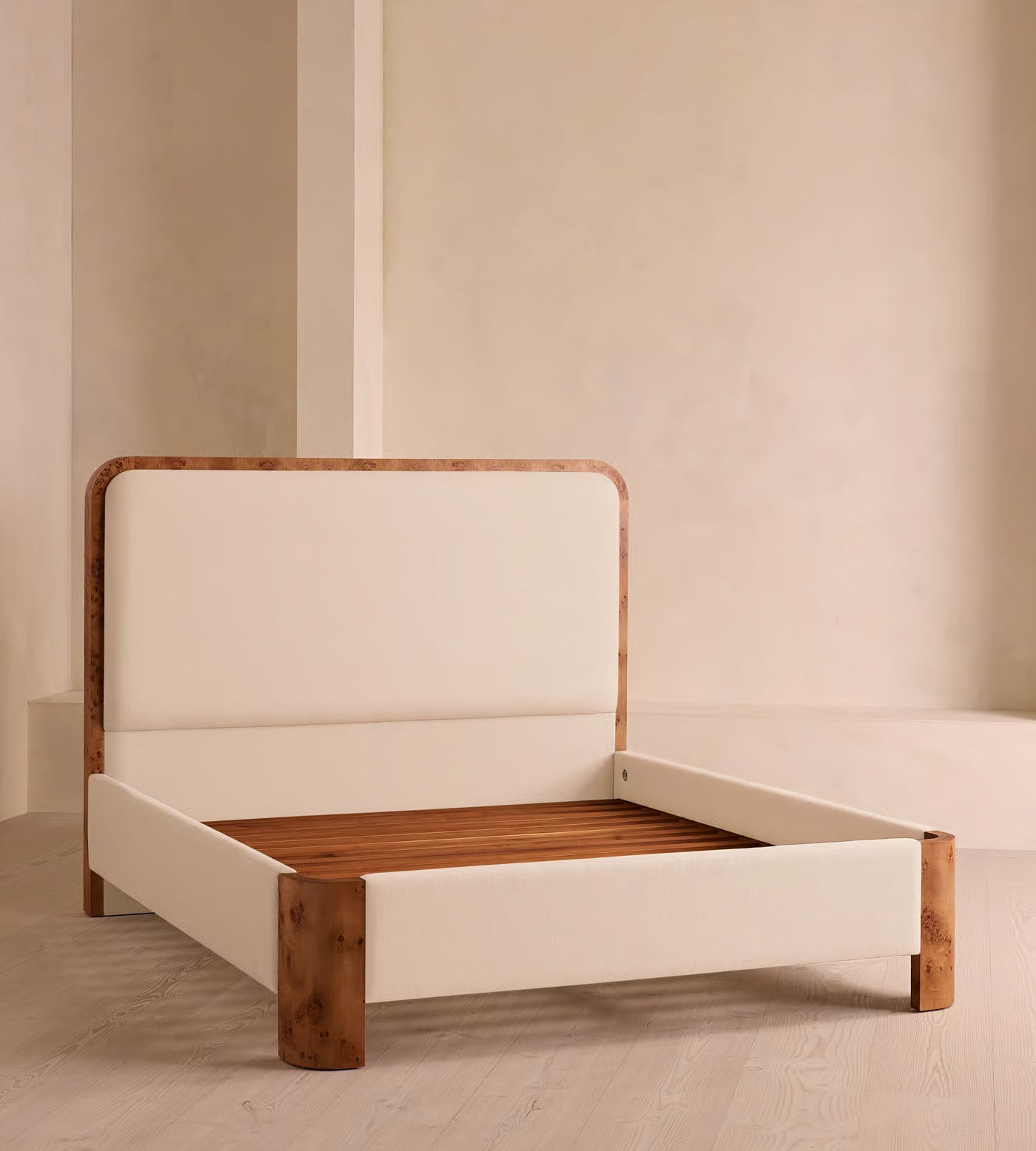 Sculptural Off-White Upholstered Wooden Bed
