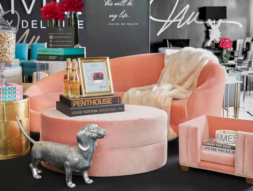 Blush Pink Velvet Sofa and Ottoman