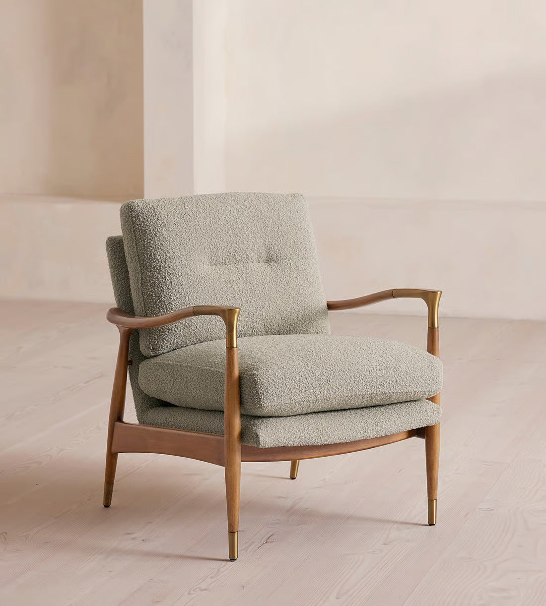 Walnut and Sage Bouclé Accent Chair