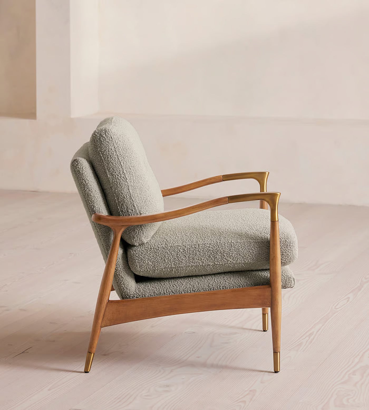 Walnut and Sage Bouclé Accent Chair