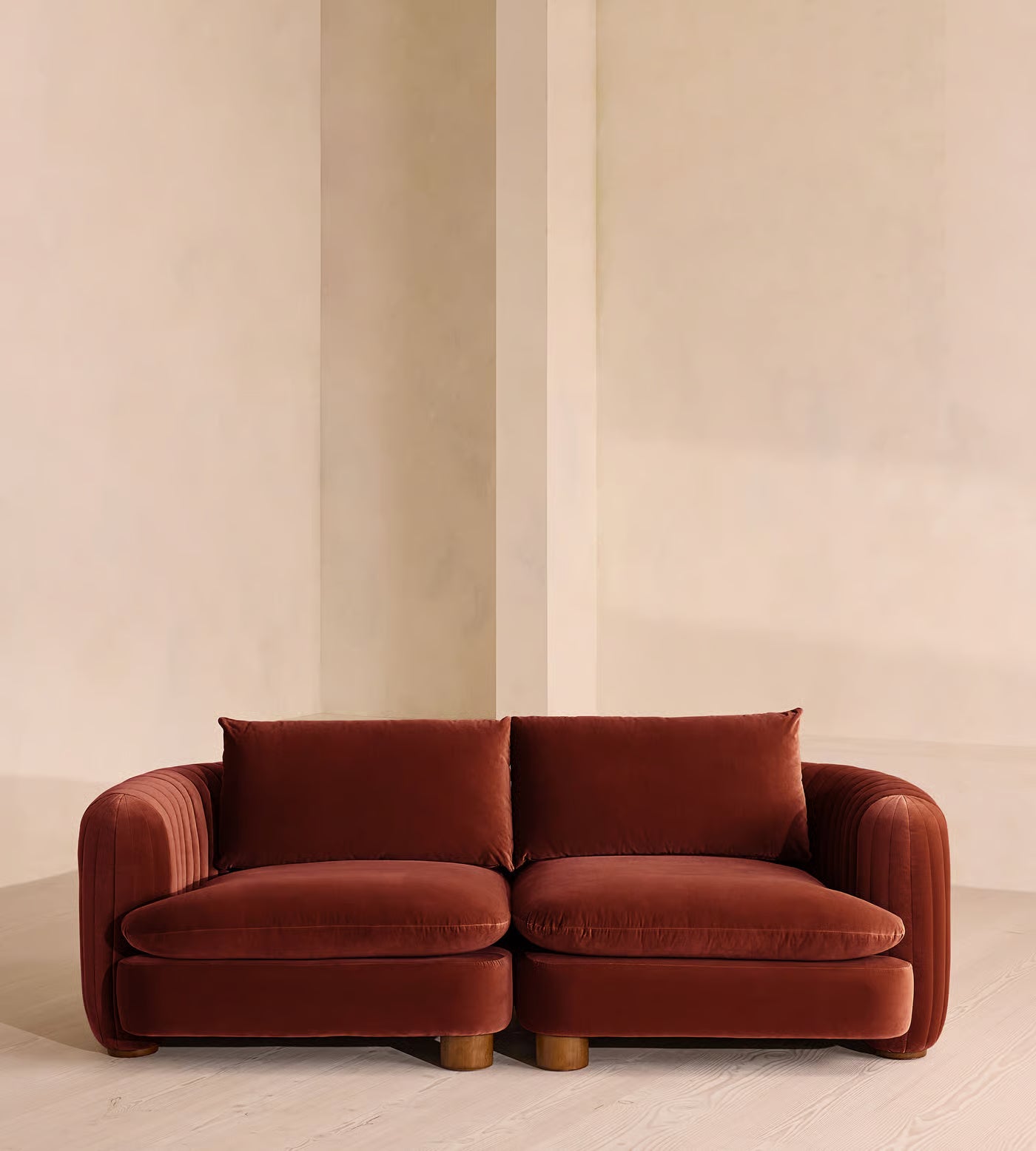 Rust Velvet Fluted Curved Loveseat Sofa