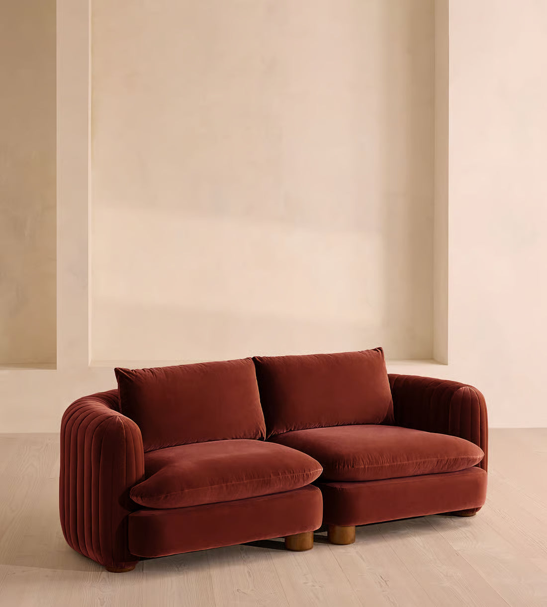 Rust Velvet Fluted Curved Loveseat Sofa